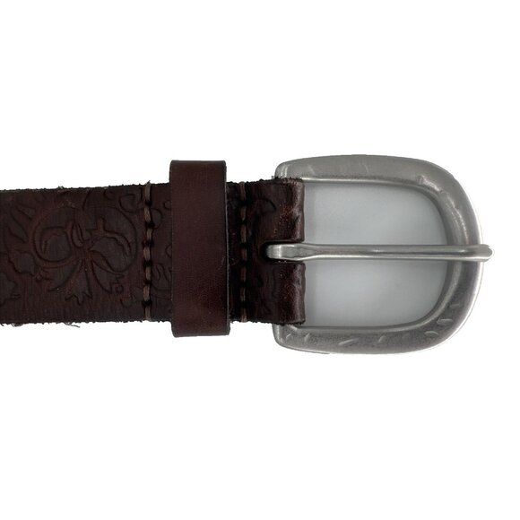 Women American Eagle dark brown Tooled Leather Belt small Embossed silver buckle - Picture 5 of 8